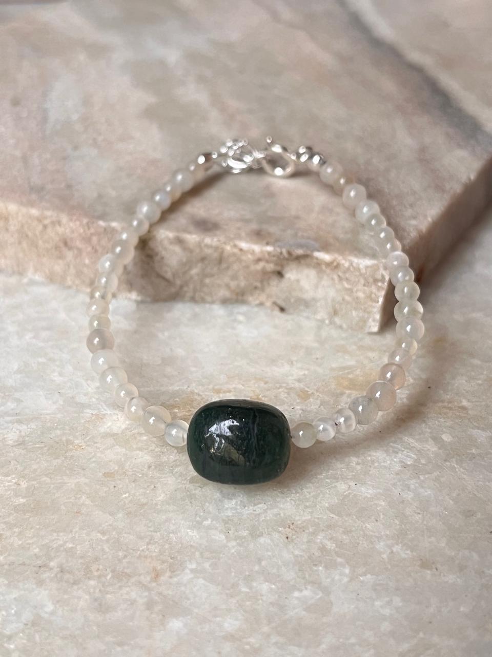 White and green gemstone stackable bracelet in sterling silver