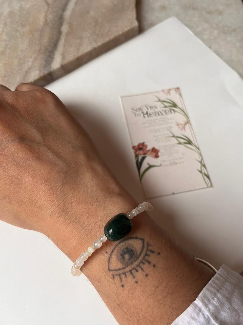 White and green gemstone stackable bracelet in sterling silver