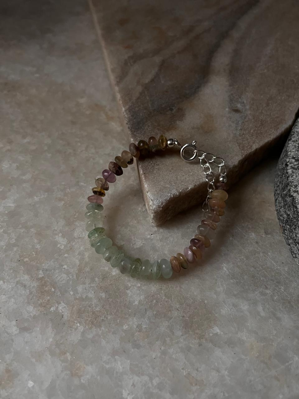 Polished fluorite crystal bracelet with sterling silver