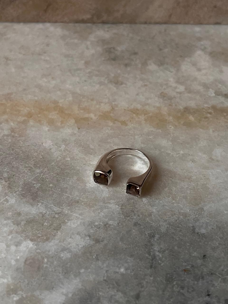 Smokey Quartz Double Square 925 Sterling Silver Ring