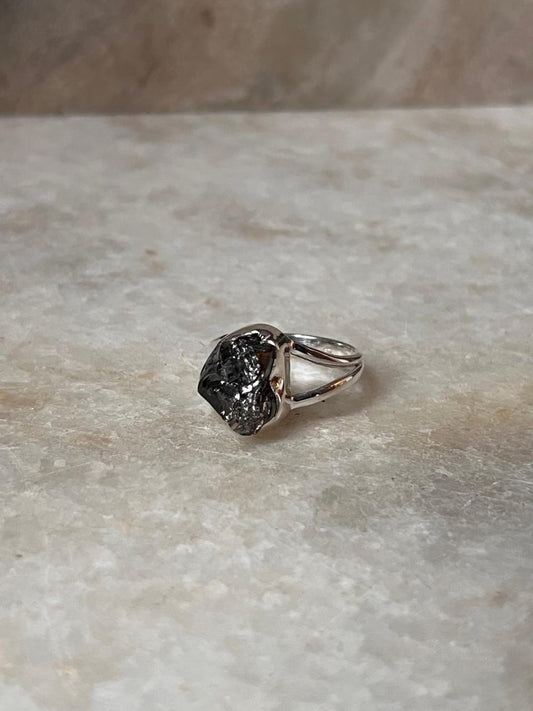 Black Tourmaline Raw Uncut 925 Sterling Silver Ring  