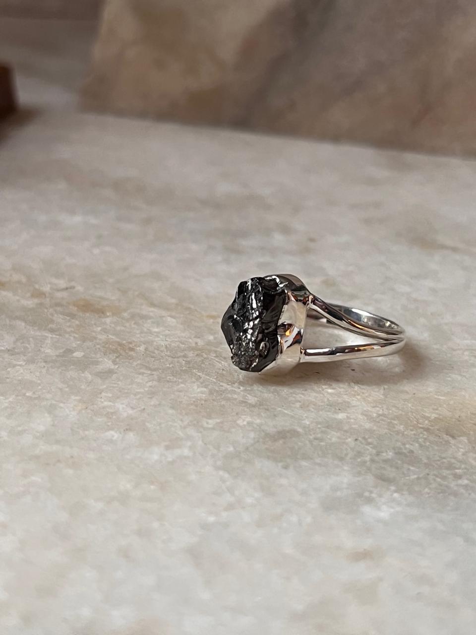 Uncut black tourmaline silver ring handcrafted design