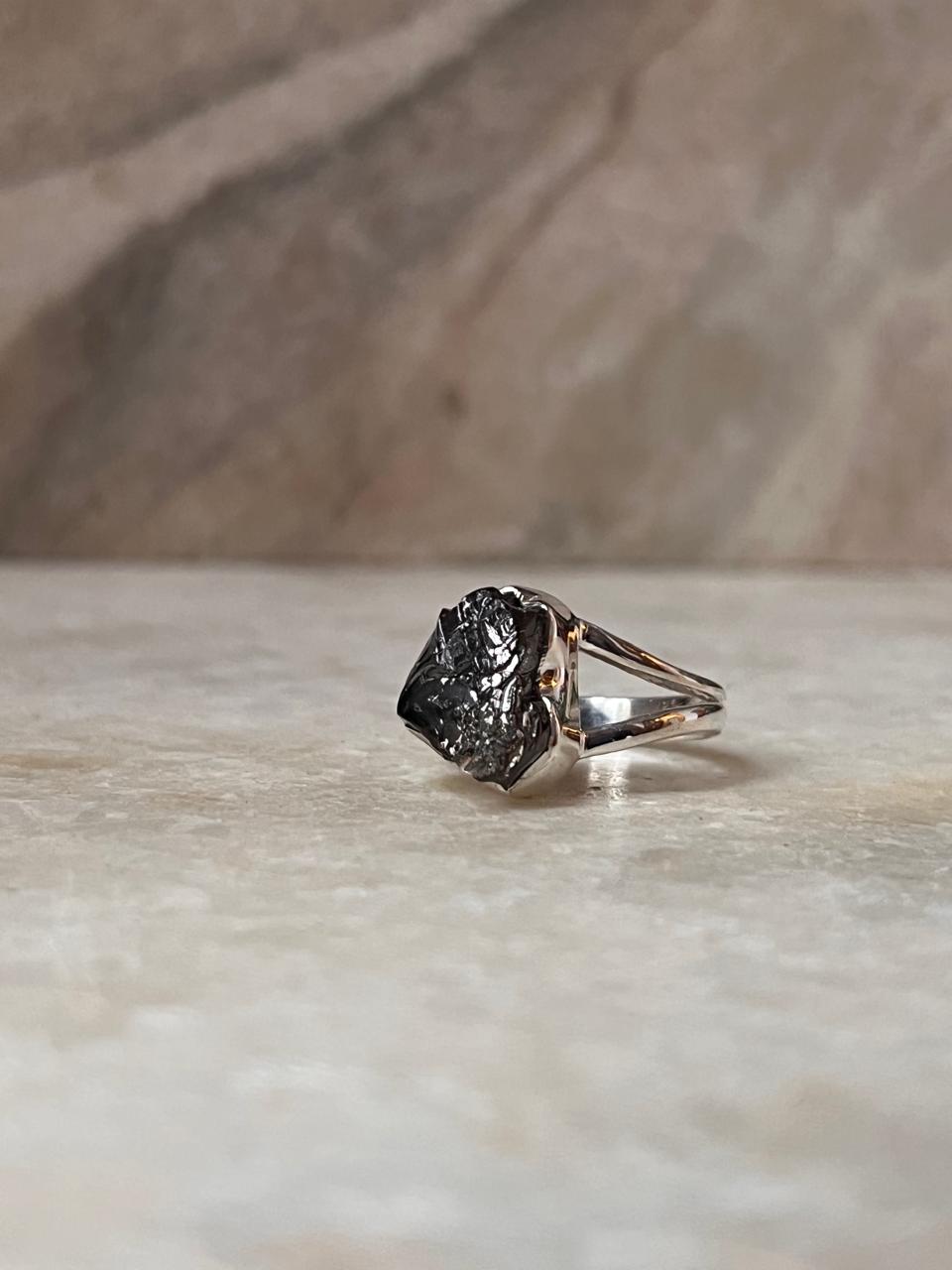 Raw black tourmaline gemstone ring in sterling silver  