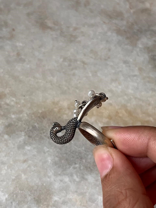 Antique Mor / Peacock With Fresh Water Pearls Statement Adjustable 925 Sterling Silver Ring