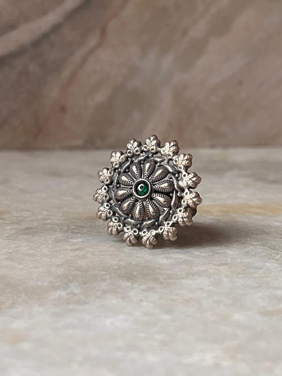 Adjustable 925 sterling silver ring with floral mandala design