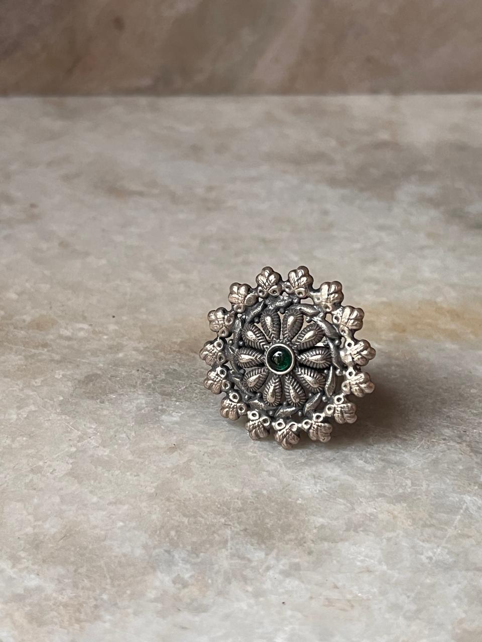 Statement mandala silver ring with antique green enamel
