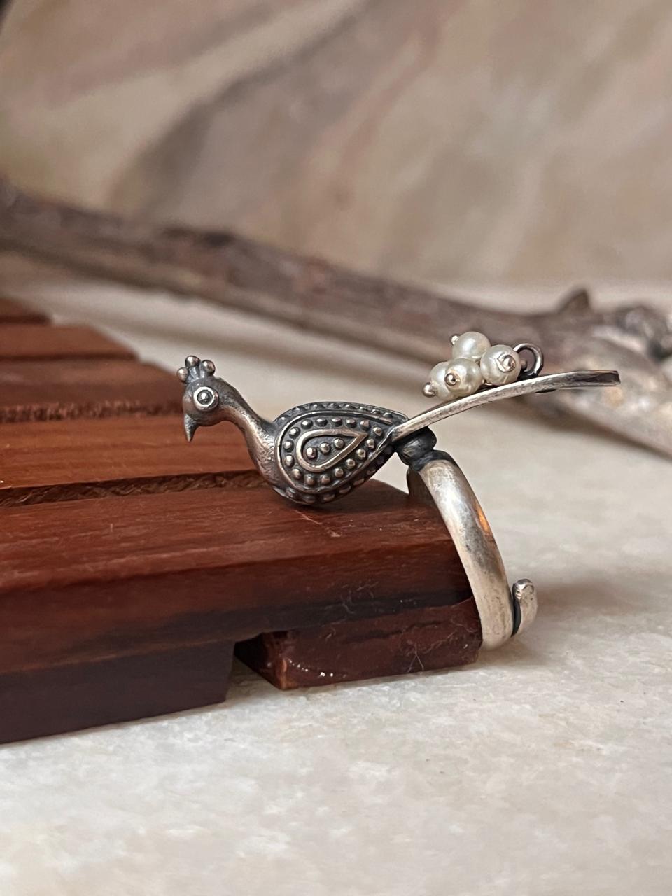 Antique Mor / Peacock With Fresh Water Pearls Statement 925 Sterling Silver Adjustable Ring