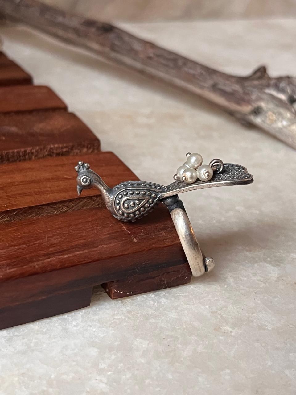 Antique Mor / Peacock With Fresh Water Pearls Statement 925 Sterling Silver Adjustable Ring