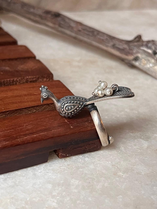 Antique Mor / Peacock With Fresh Water Pearls Statement 925 Sterling Silver Adjustable Ring