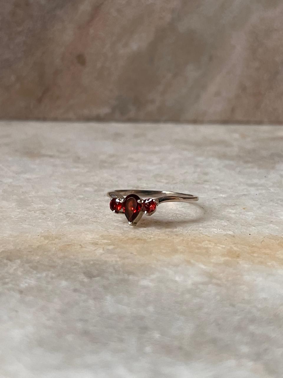 Garnet 3 Stone - Pear & Round Cut 925 Sterling Silver Ring