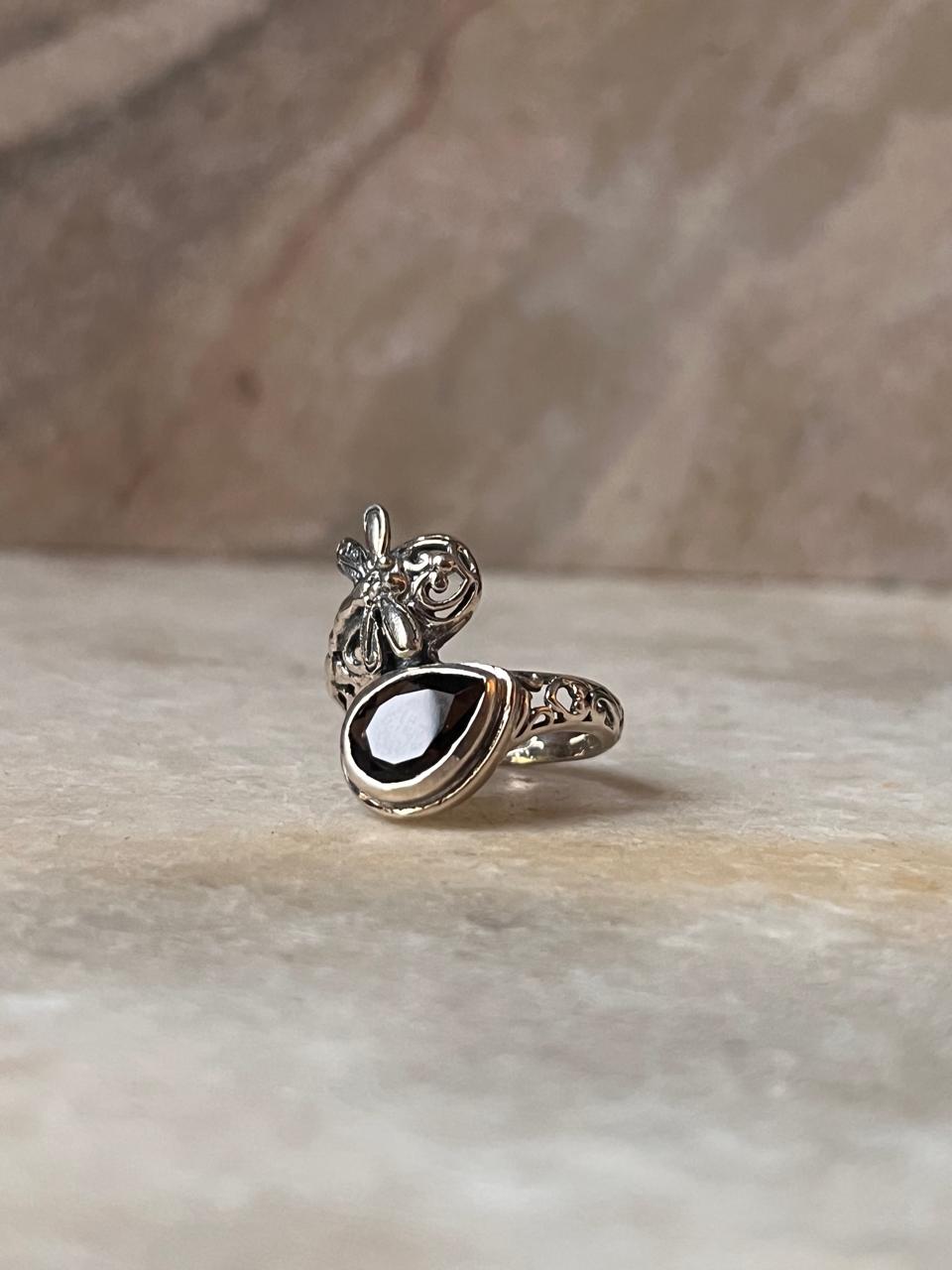 Smokey Quartz Dragonfly 925 Sterling Silver Ring