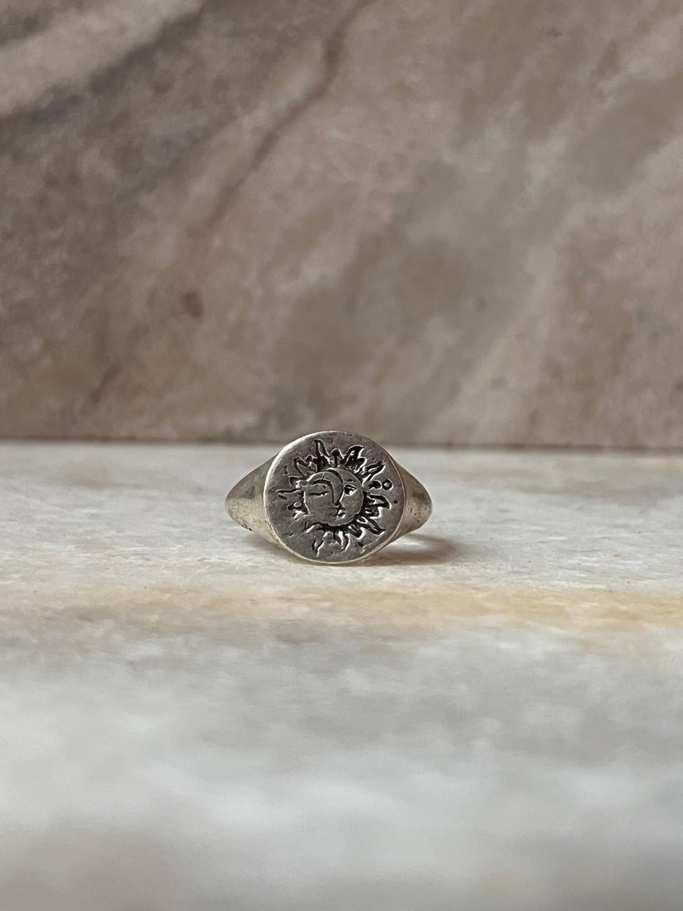 Sun Moon Engraved Signet 925 Sterling Silver Ring