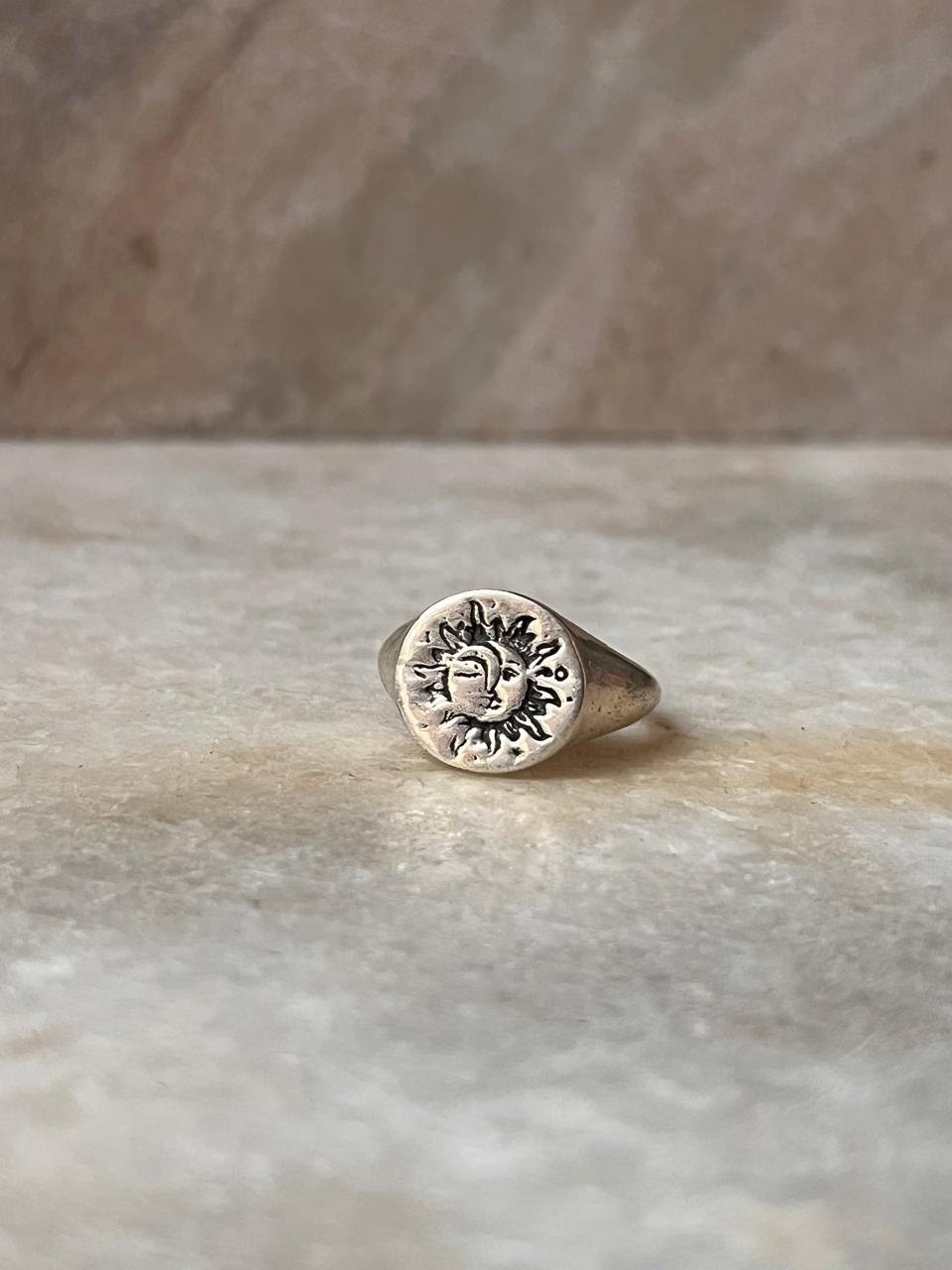 Sun Moon Engraved Signet 925 Sterling Silver Ring