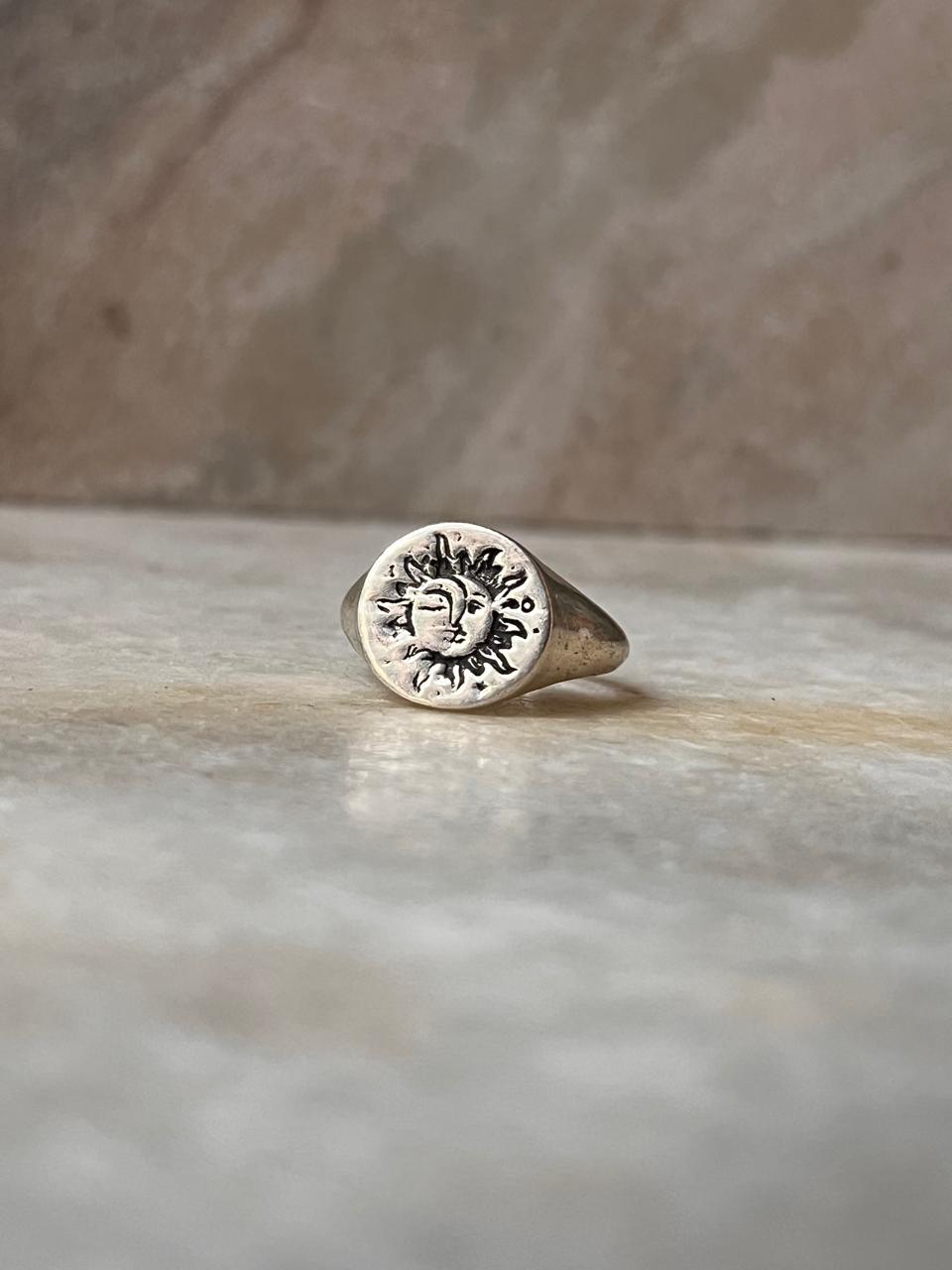 Sun Moon Engraved Signet 925 Sterling Silver Ring
