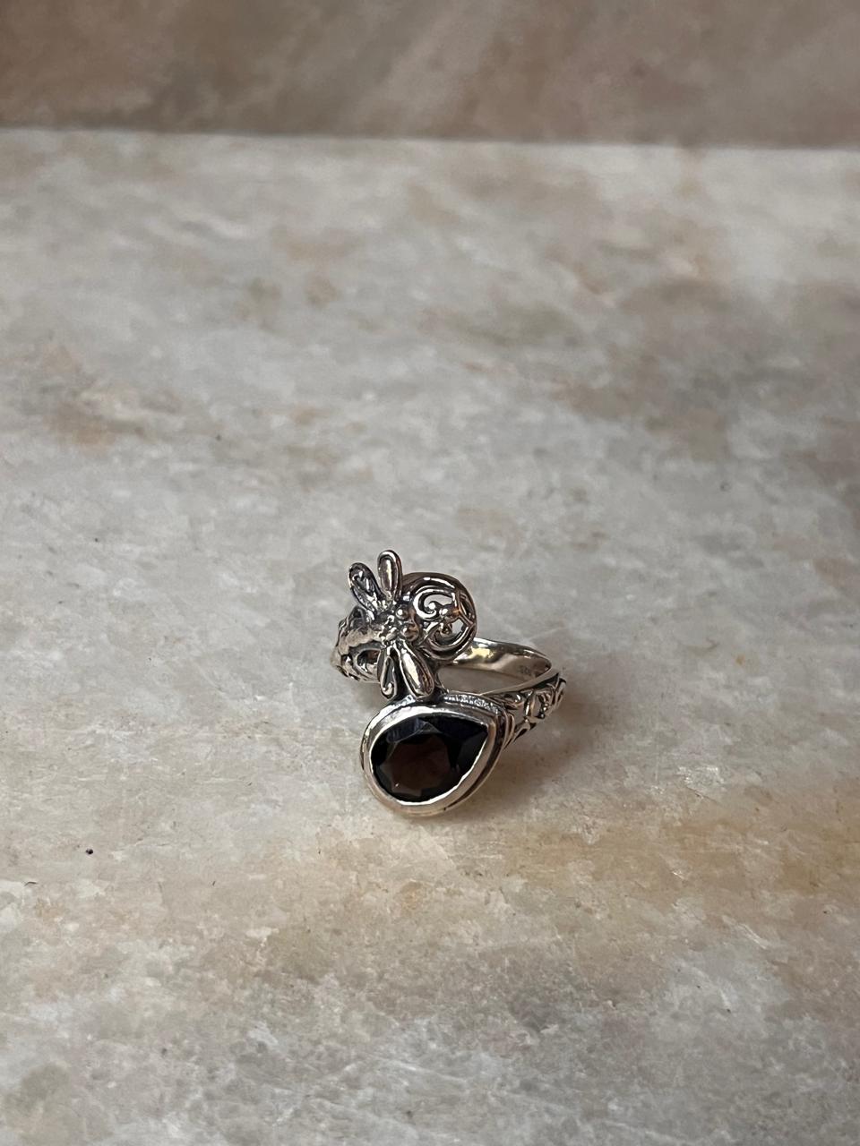 Smokey Quartz Dragonfly 925 Sterling Silver Ring