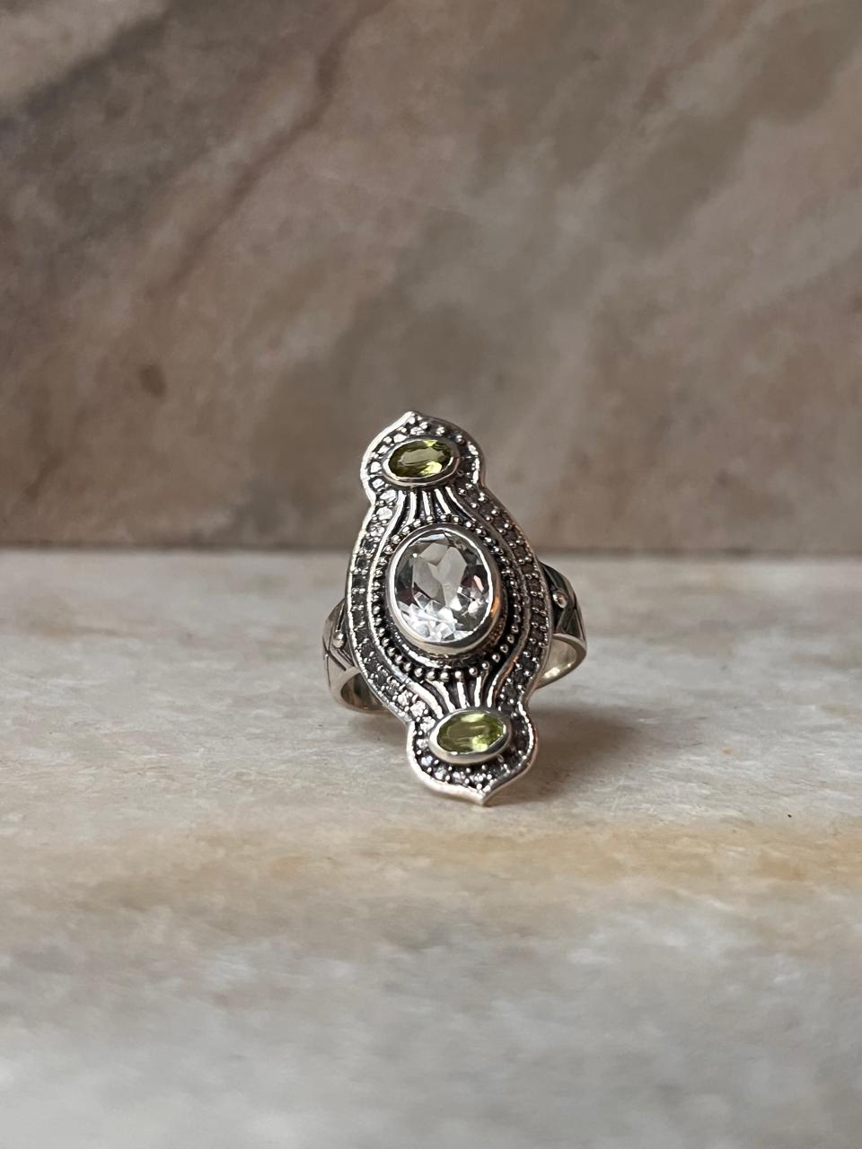 Peridot & Clear Quartz Tribal Engraved 925 Sterling Silver Ring