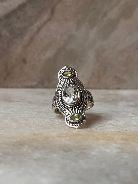 Peridot & Clear Quartz Tribal Engraved 925 Sterling Silver Ring