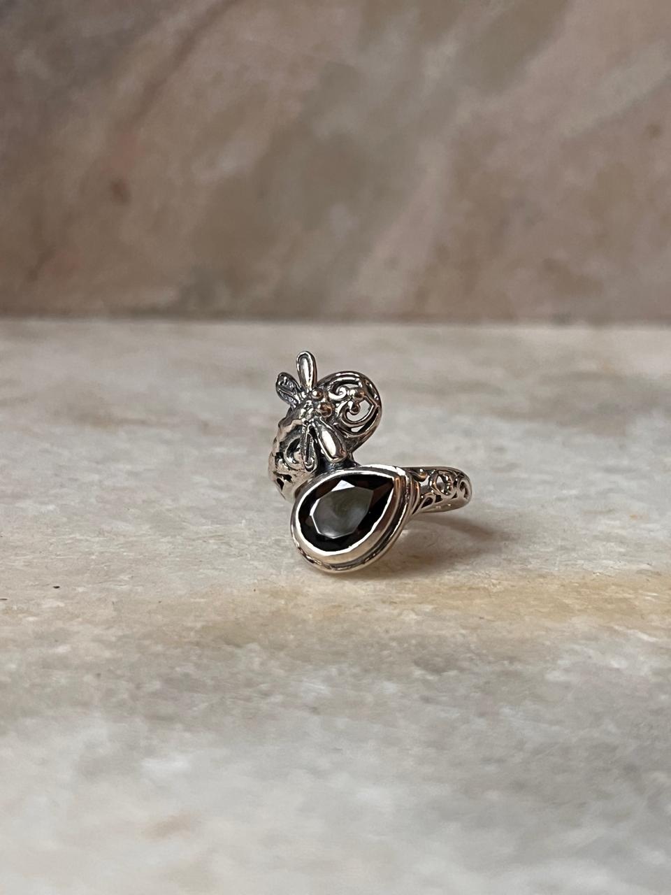 Smokey Quartz Dragonfly 925 Sterling Silver Ring