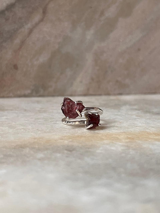 Garnet Double Raw Uncut Adjustable 925 Sterling Silver Ring