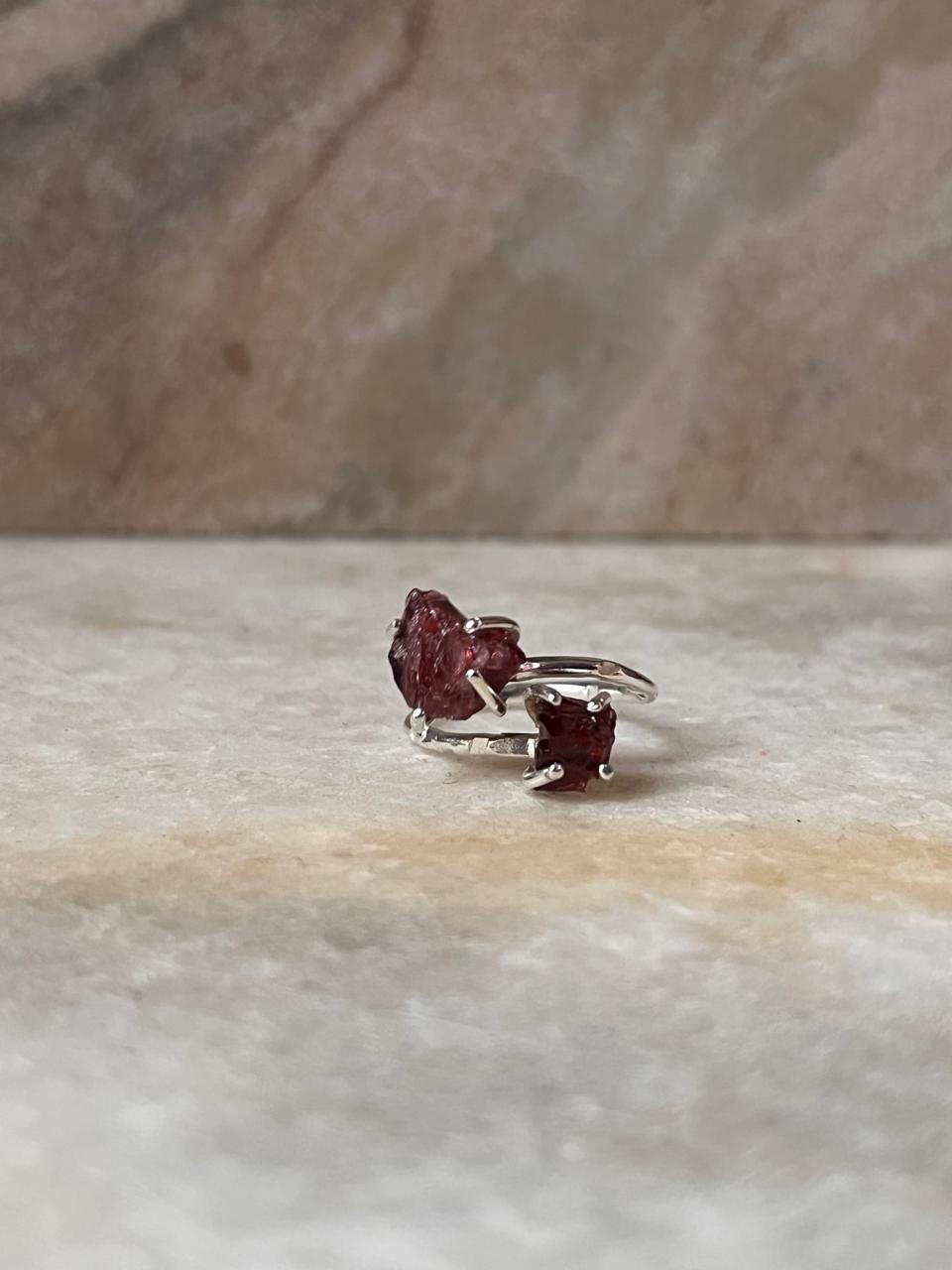 Garnet Double Raw Uncut Adjustable 925 Sterling Silver Ring