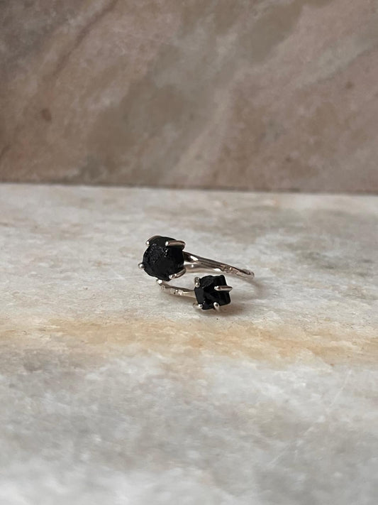 Black Tourmaline Double Raw Uncut Adjustable 925 Sterling Silver Ring