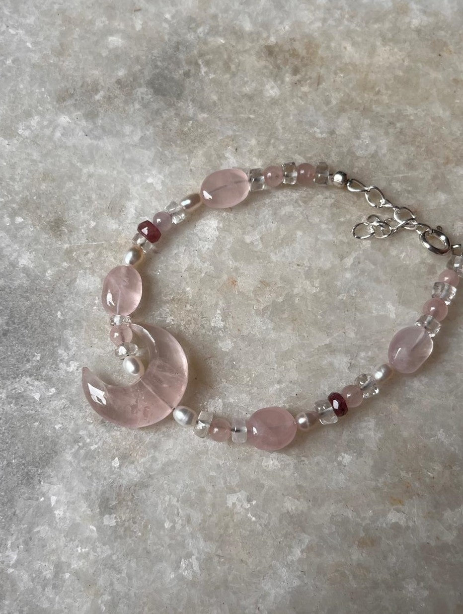 Moonlit Bloom ~Rose Quartz Crescent Moon, Clear Quartz & Pearl Crystal 925 Sterling Silver Bracelet