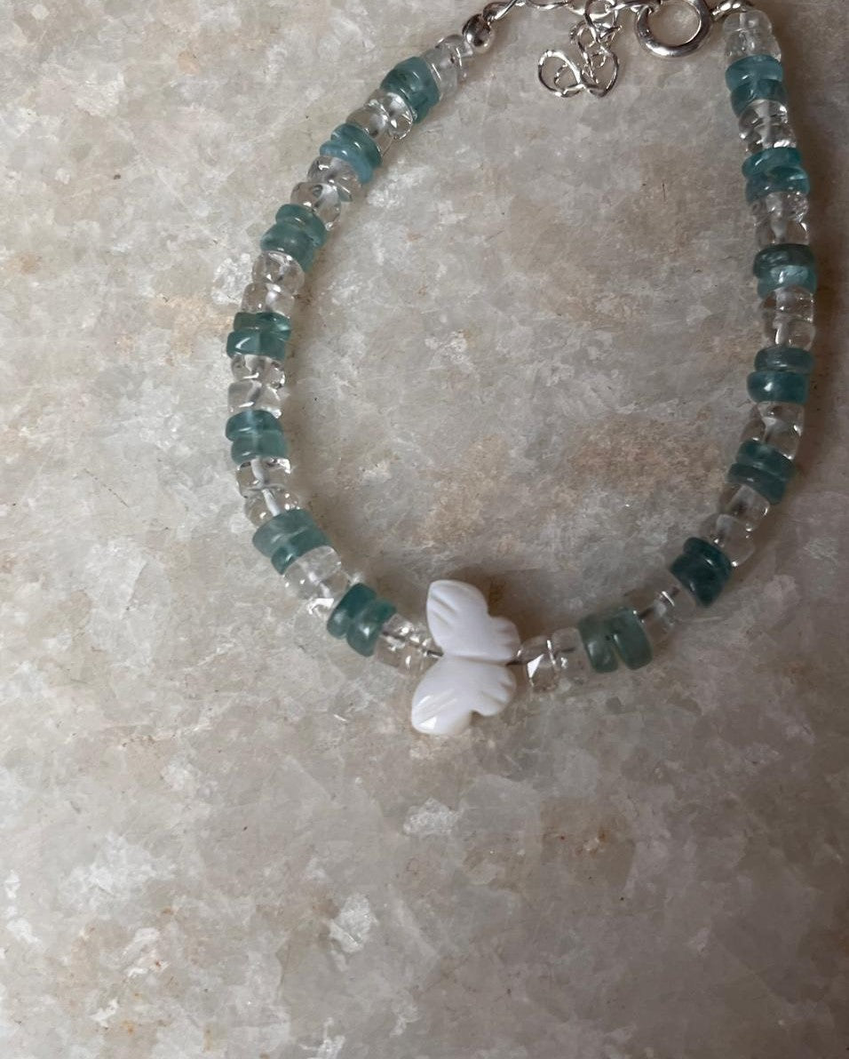 Mother of Pearl Butterfly, Apatite & Clear Quartz Crystal 925 Sterling Silver Bracelet