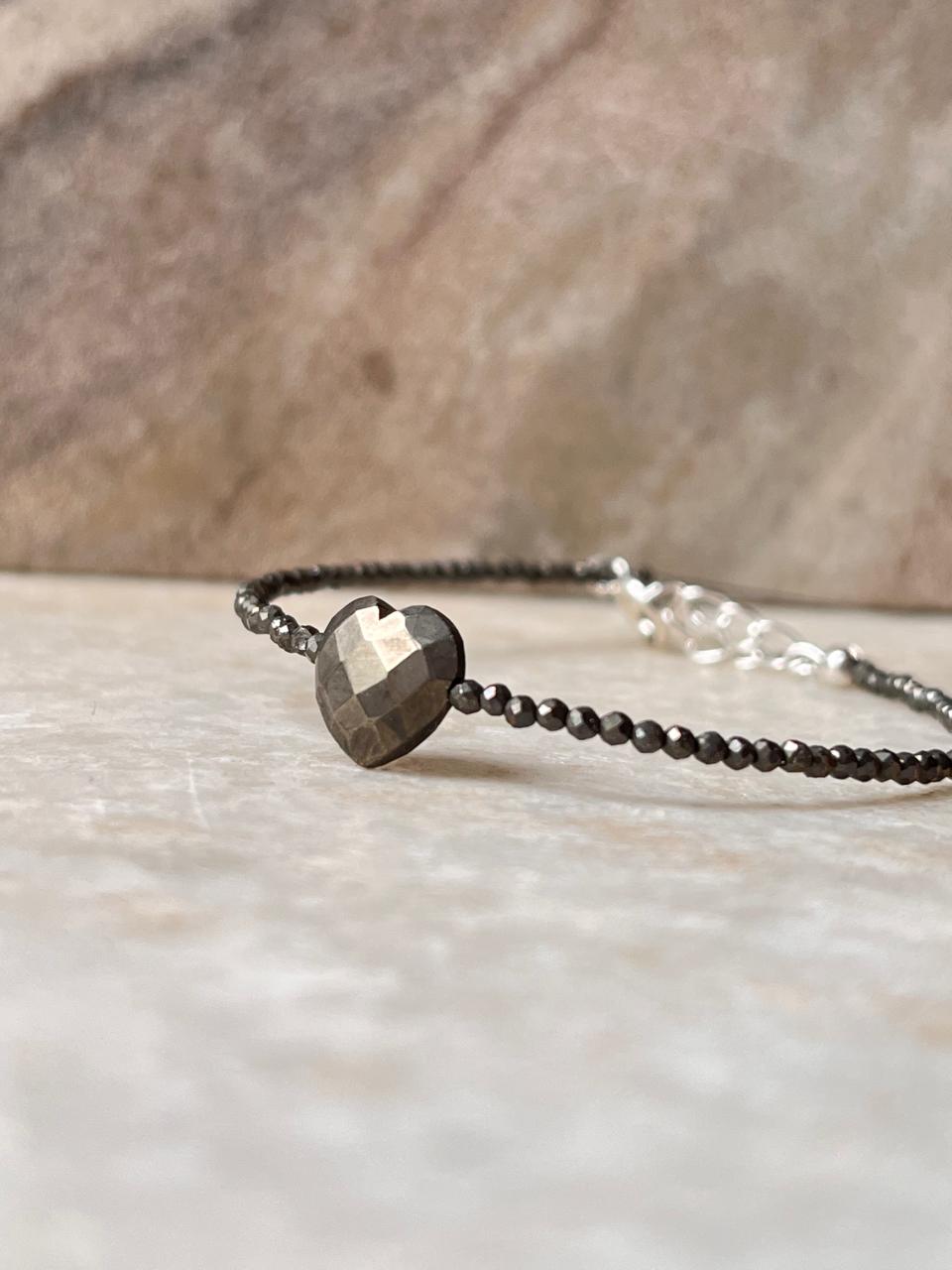Pyrite Heart & 2mm Beads 925 Sterling Silver Bracelet