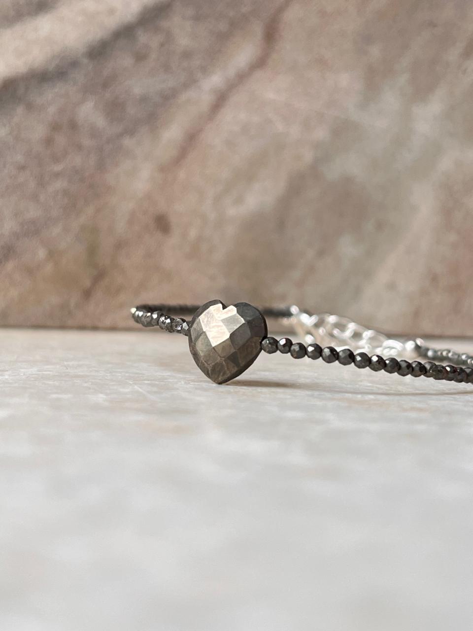 Pyrite Heart & 2mm Beads 925 Sterling Silver Bracelet