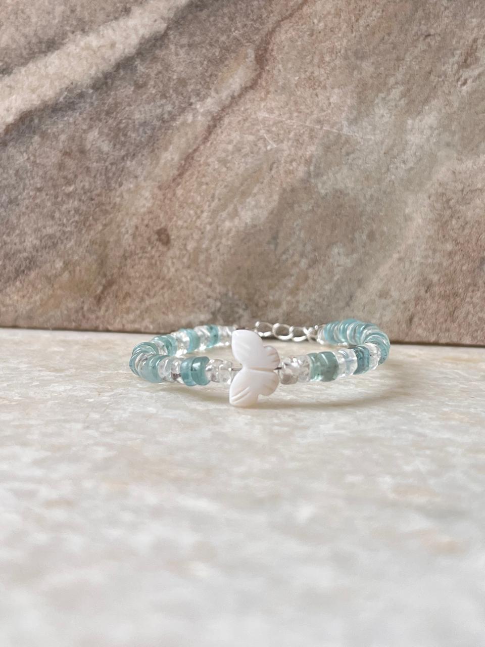 Mother of Pearl Butterfly, Apatite & Clear Quartz Crystal 925 Sterling Silver Bracelet
