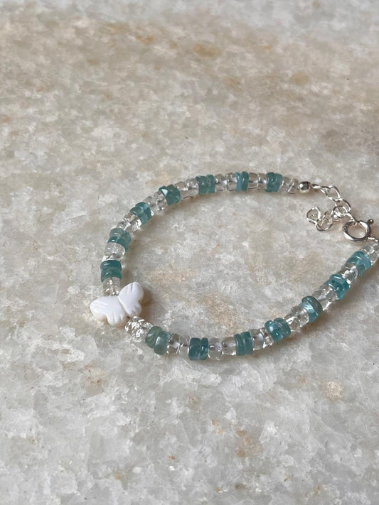 Mother of Pearl Butterfly, Apatite & Clear Quartz Crystal 925 Sterling Silver Bracelet