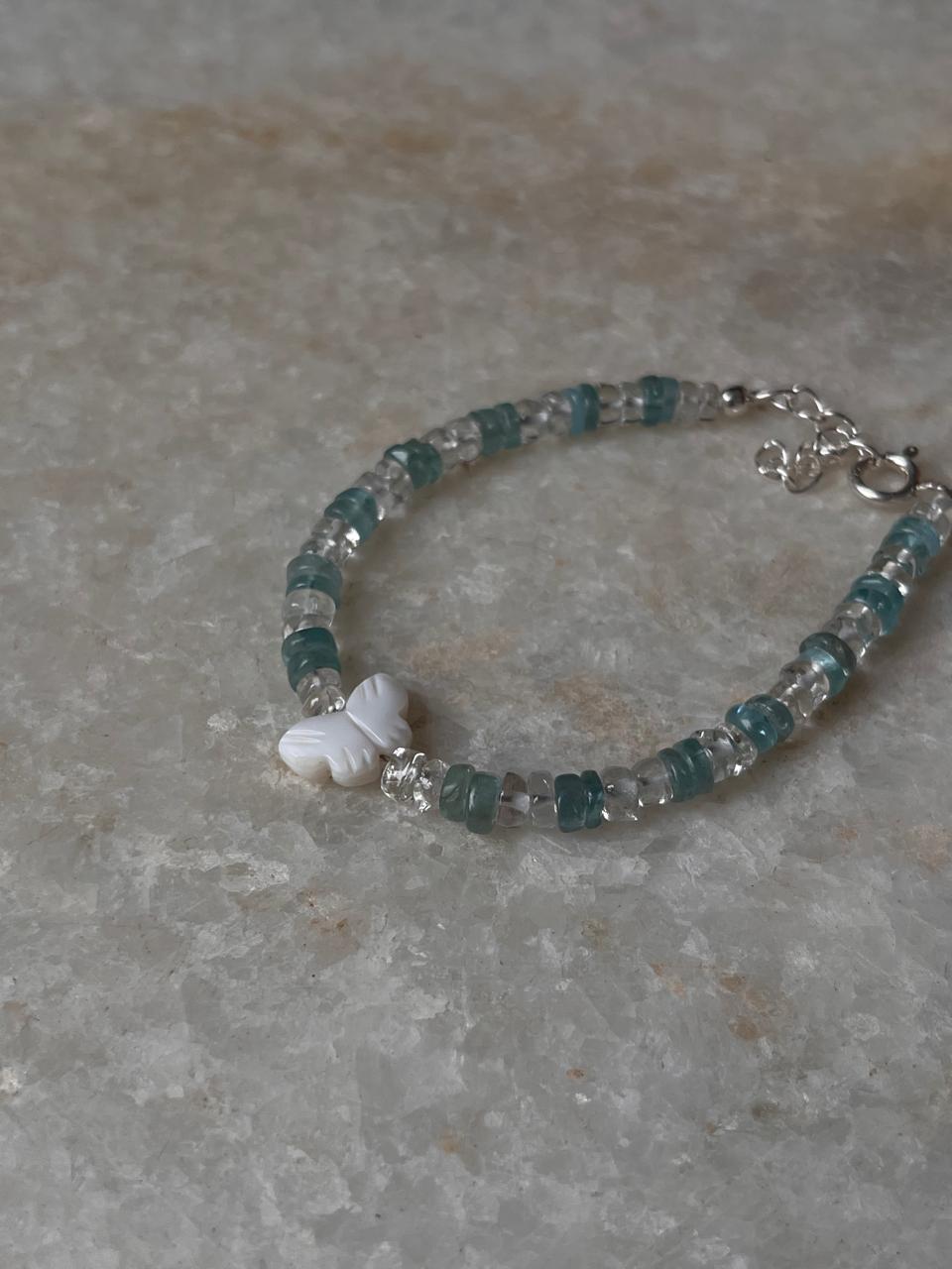 Mother of Pearl Butterfly, Apatite & Clear Quartz Crystal 925 Sterling Silver Bracelet