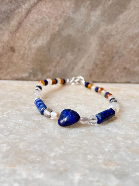 Lapis lazuli, Moonstone, Citrine & Pearl 4mm Round Handcrafted 925 Sterling Silver Bracelet