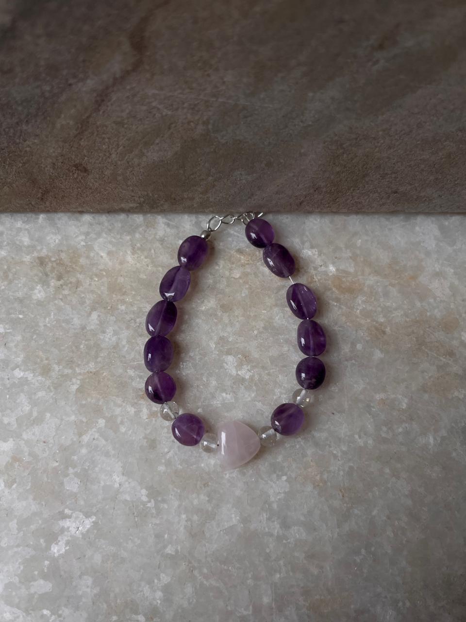 Rose Quartz Heart, Amethyst Tumble & Clear Quartz 925 Sterling Silver Bracelet