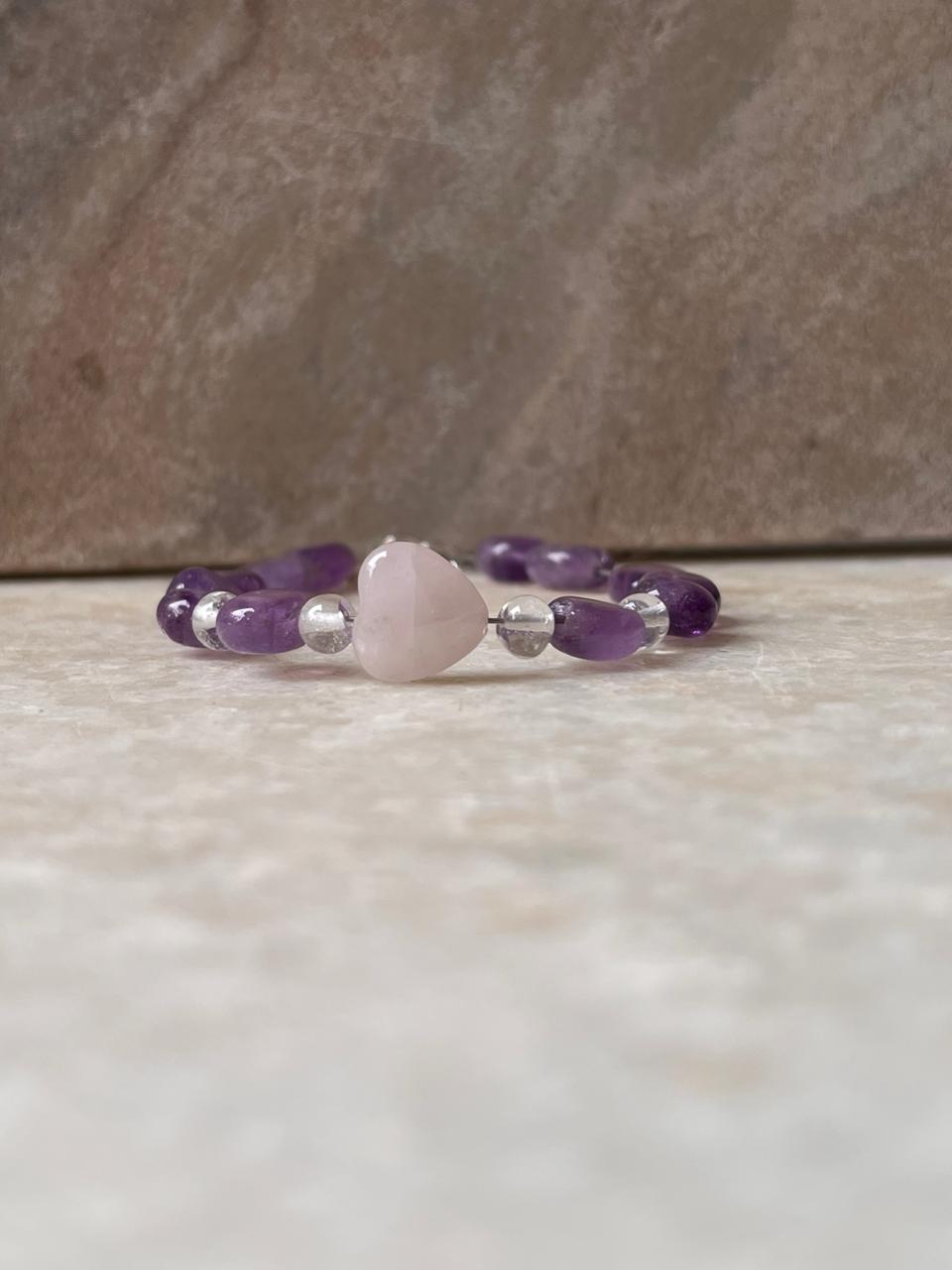 Rose Quartz Heart, Amethyst Tumble & Clear Quartz 925 Sterling Silver Bracelet