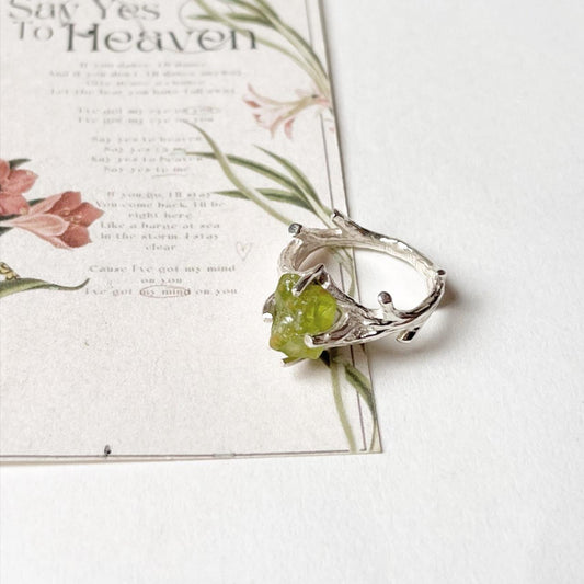 Peridot Raw Uncut Leaf Band 925 Sterling Silver Ring