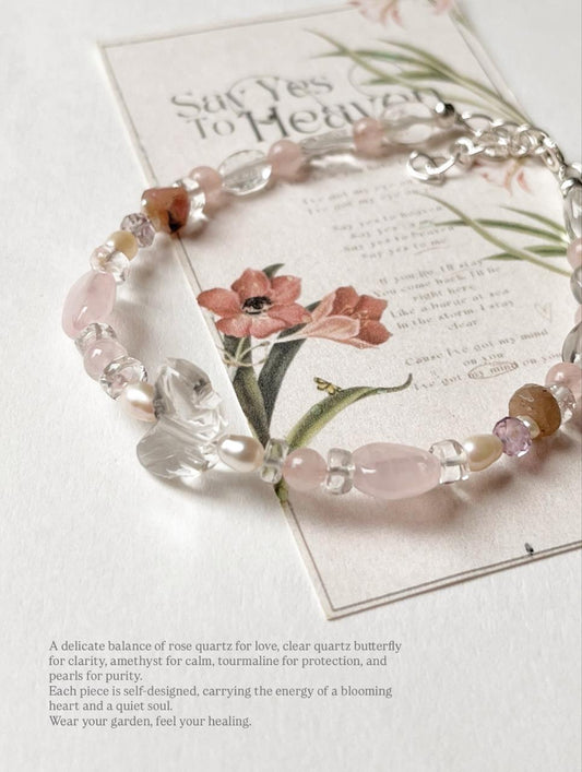Lovers Garden- Clear Quartz Butterfly, Rose Quartz, Amethyst, Tourmaline & Pearl Crystal 925 Sterling Silver Bracelet