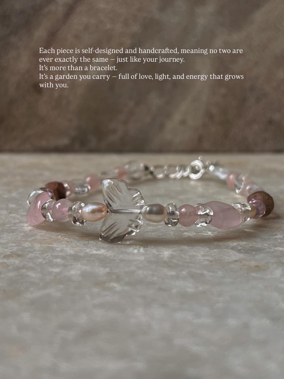 Lovers Garden- Clear Quartz Butterfly, Rose Quartz, Amethyst, Tourmaline & Pearl Crystal 925 Sterling Silver Bracelet