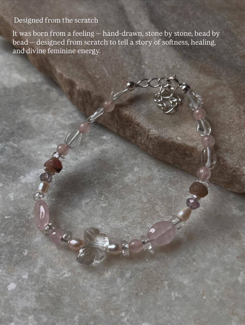 Lovers Garden- Clear Quartz Butterfly, Rose Quartz, Amethyst, Tourmaline & Pearl Crystal 925 Sterling Silver Bracelet