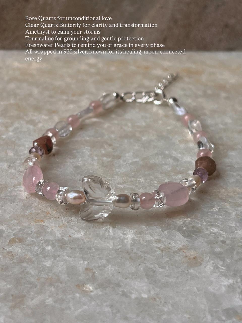 Lovers Garden- Clear Quartz Butterfly, Rose Quartz, Amethyst, Tourmaline & Pearl Crystal 925 Sterling Silver Bracelet