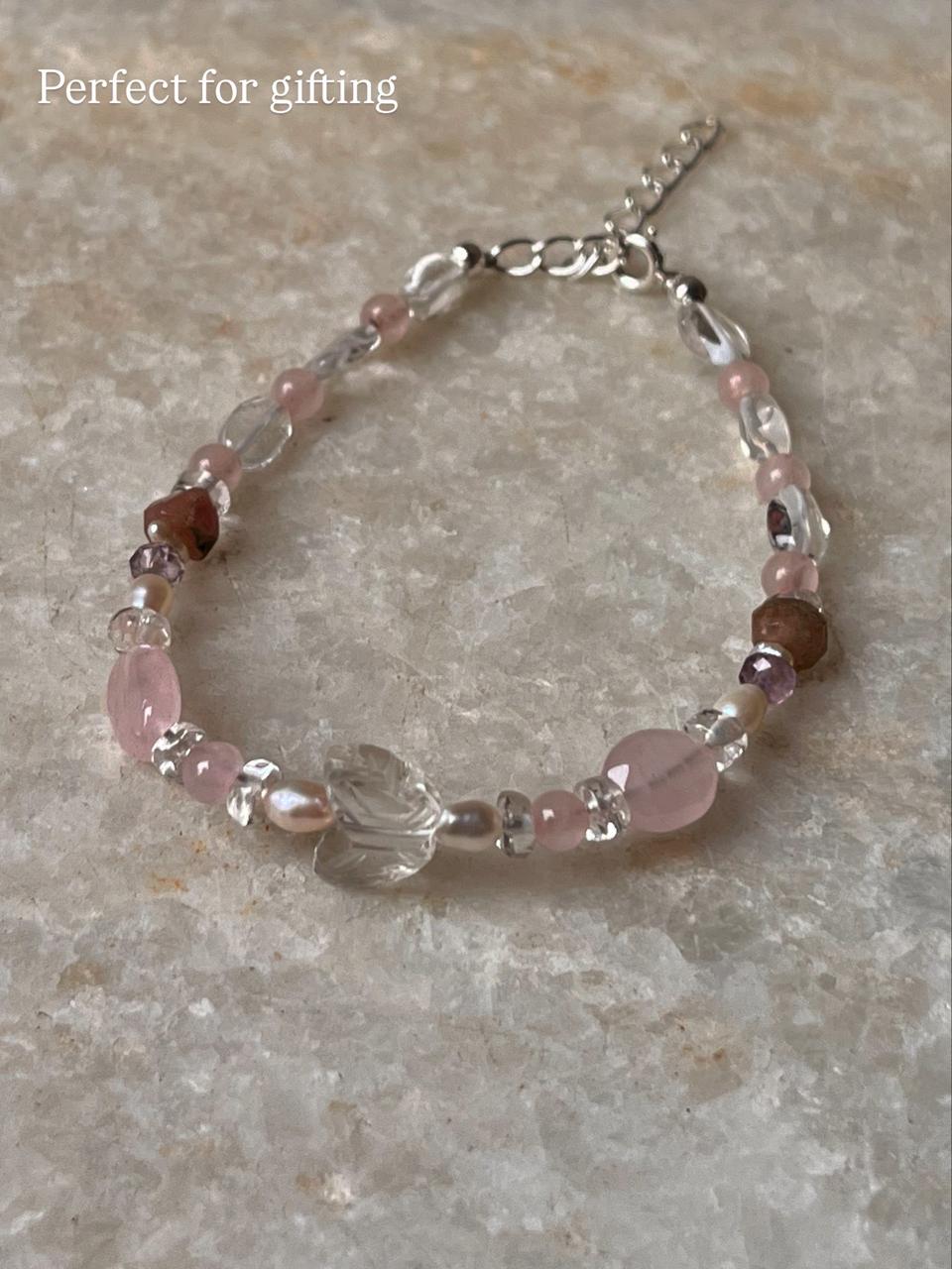 Lovers Garden- Clear Quartz Butterfly, Rose Quartz, Amethyst, Tourmaline & Pearl Crystal 925 Sterling Silver Bracelet