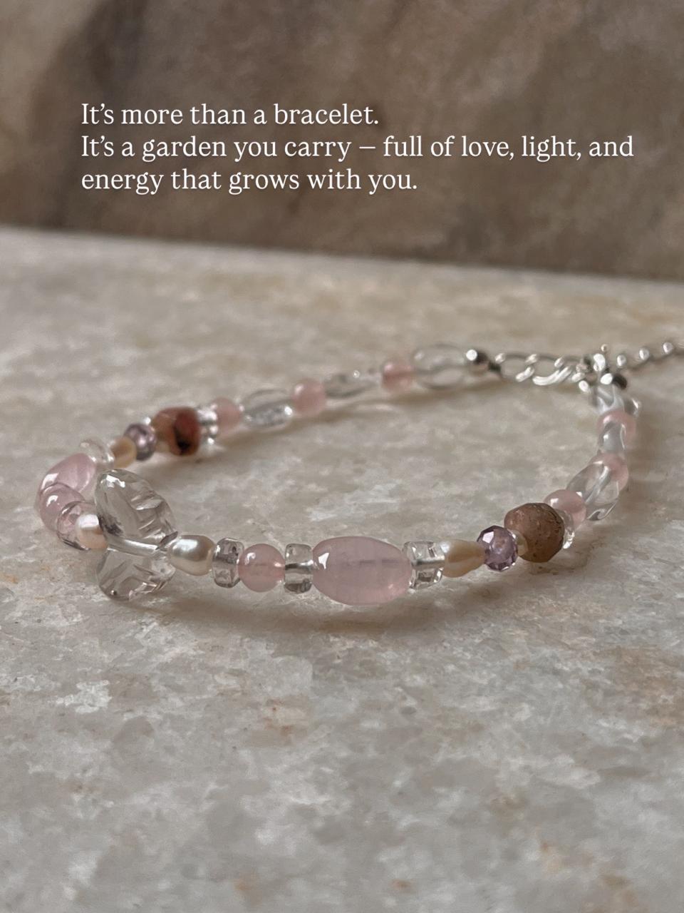 Lovers Garden- Clear Quartz Butterfly, Rose Quartz, Amethyst, Tourmaline & Pearl Crystal 925 Sterling Silver Bracelet