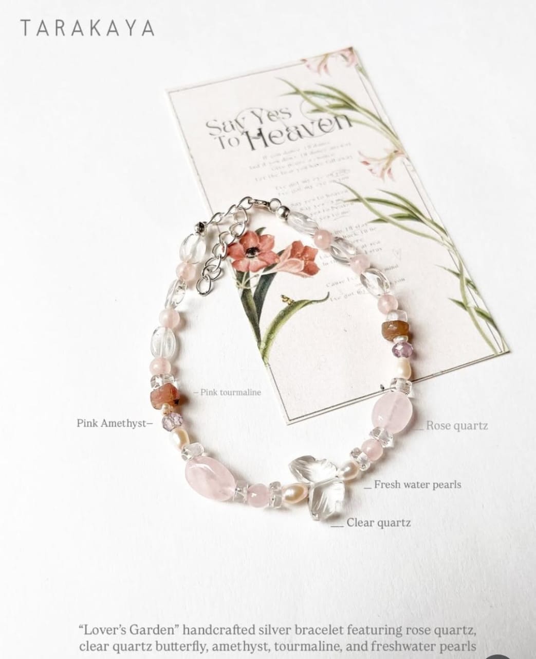 Lovers Garden- Clear Quartz Butterfly, Rose Quartz, Amethyst, Tourmaline & Pearl Crystal 925 Sterling Silver Bracelet