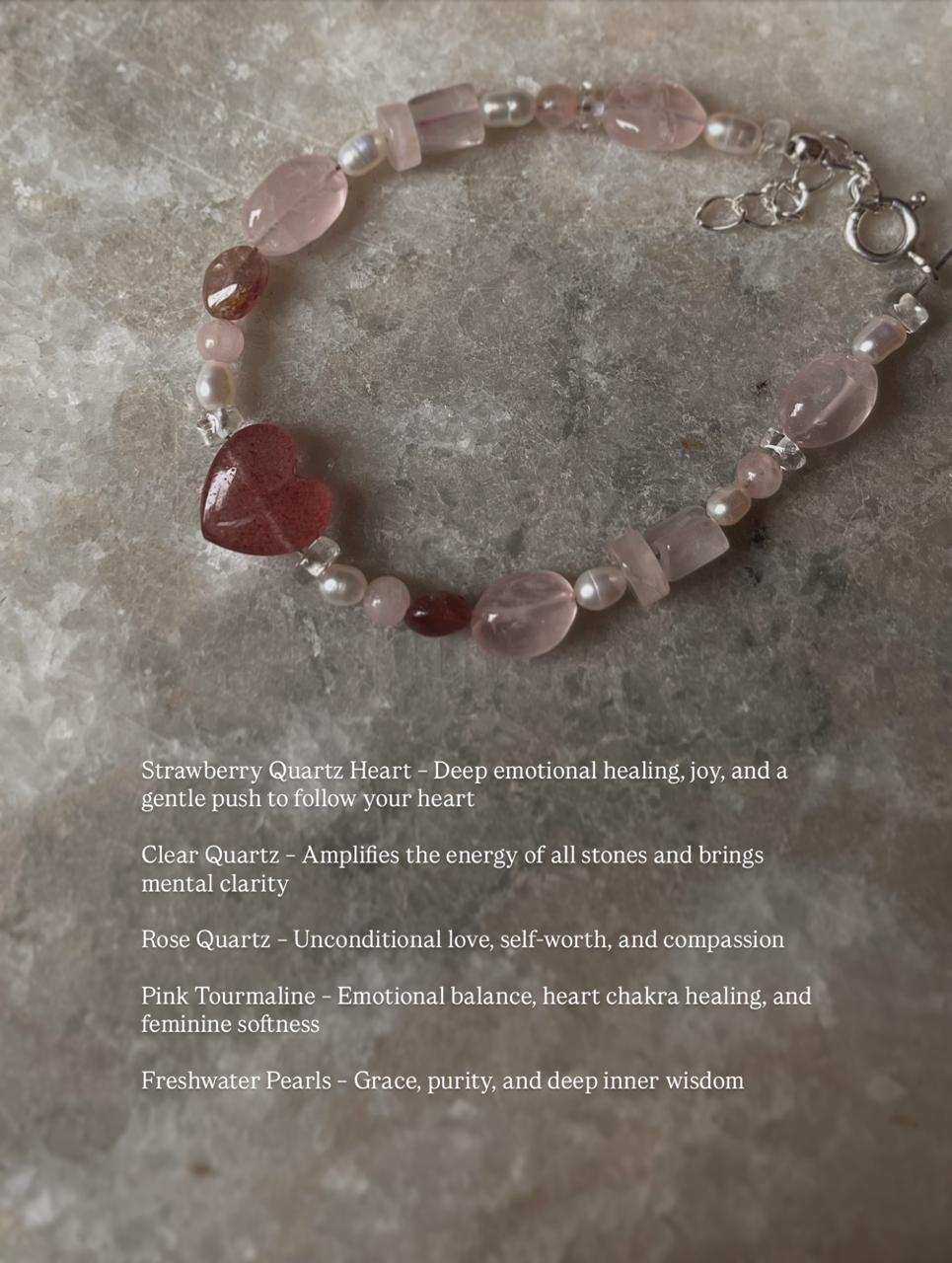 Lovers Dream- Strawberry Quartz Heart, Rose Quartz, Clear Quartz & Pearl Crystal 925 Sterling Silver Bracelet