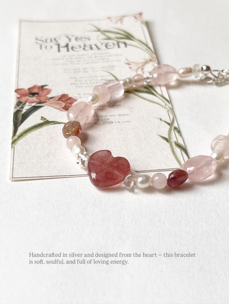 Lovers Dream- Strawberry Quartz Heart, Rose Quartz, Clear Quartz & Pearl Crystal 925 Sterling Silver Bracelet