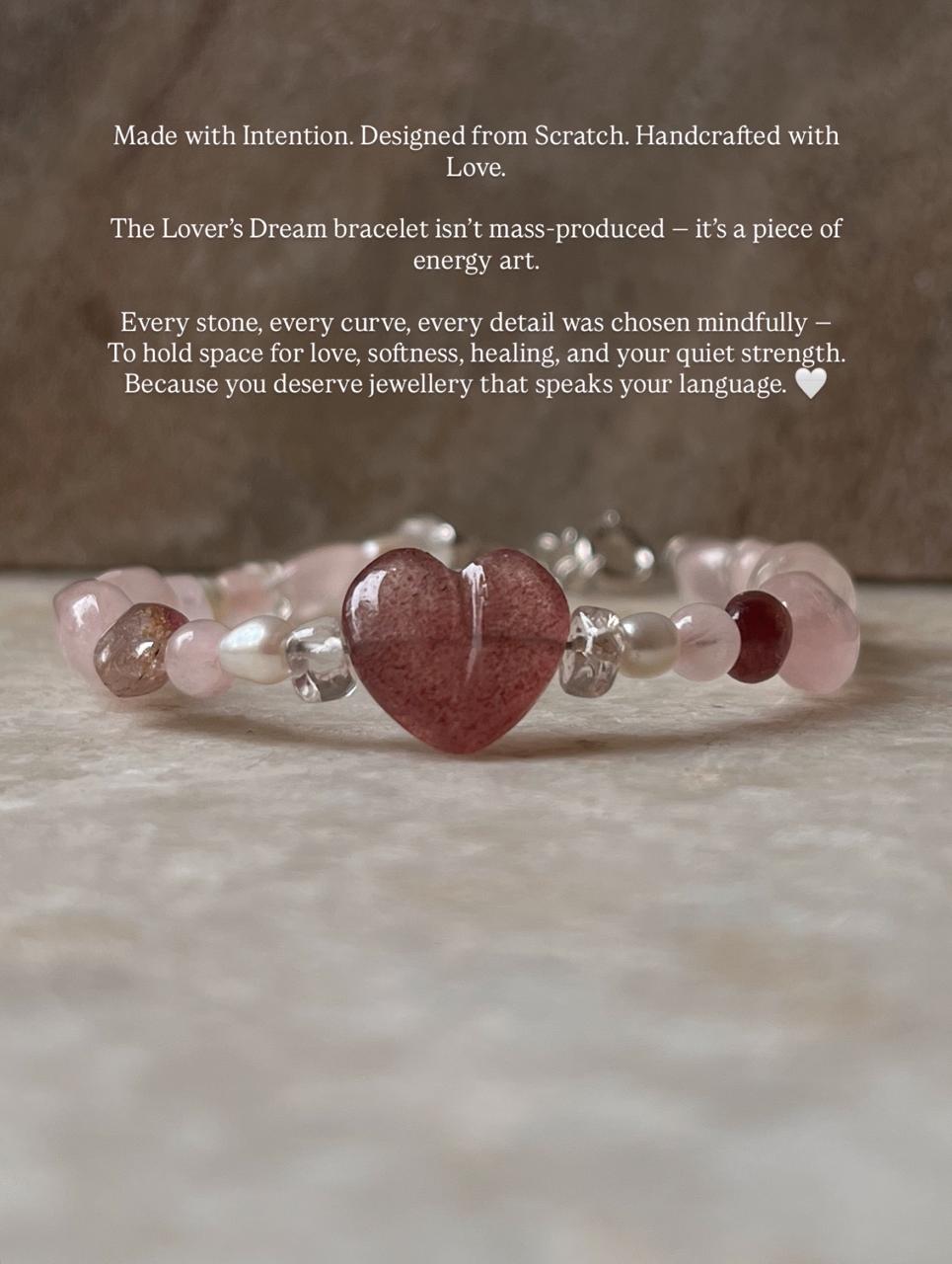 Lovers Dream- Strawberry Quartz Heart, Rose Quartz, Clear Quartz & Pearl Crystal 925 Sterling Silver Bracelet