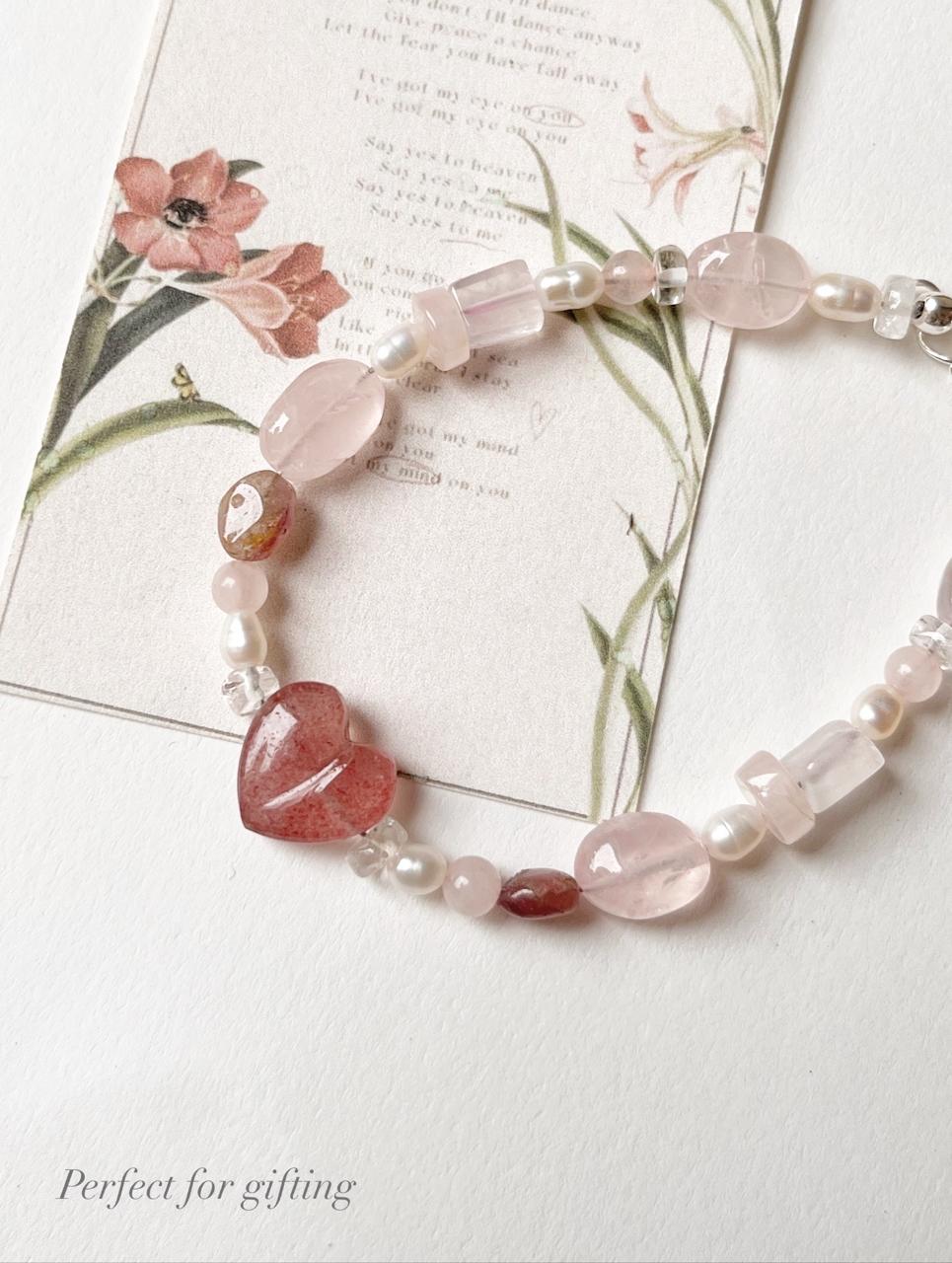 Lovers Dream- Strawberry Quartz Heart, Rose Quartz, Clear Quartz & Pearl Crystal 925 Sterling Silver Bracelet