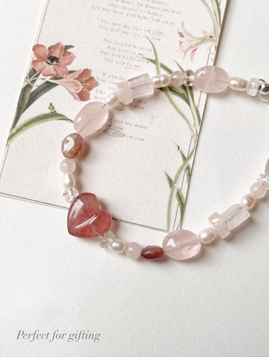 Lovers Dream- Strawberry Quartz Heart, Rose Quartz, Clear Quartz & Pearl Crystal 925 Sterling Silver Bracelet