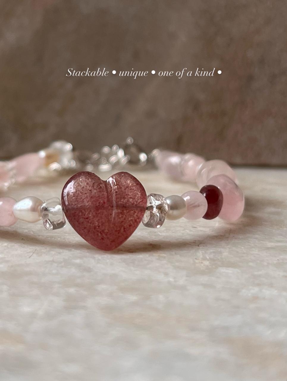 Lovers Dream- Strawberry Quartz Heart, Rose Quartz, Clear Quartz & Pearl Crystal 925 Sterling Silver Bracelet