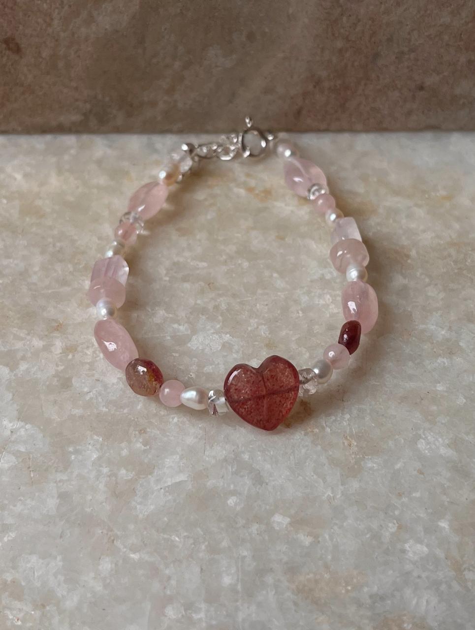 Lovers Dream- Strawberry Quartz Heart, Rose Quartz, Clear Quartz & Pearl Crystal 925 Sterling Silver Bracelet